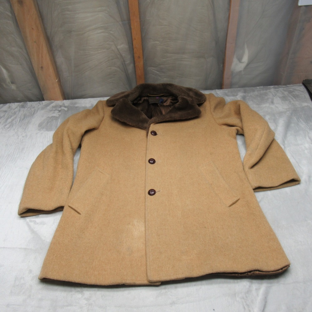 Pendleton Wool Coat Mens 42 Brown Faux Fur Collar Lined Winter RARE 80s‎ VTG